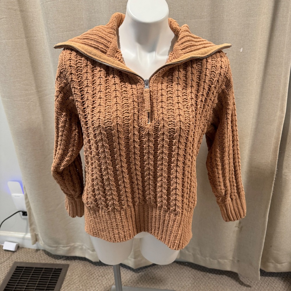 Aerie XXS Tan Knit Quarter Zip Pullover Sweater